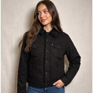Levi’s Original Black Denim Trucker Jacket Womens Meduim Premium Sherpa Lined